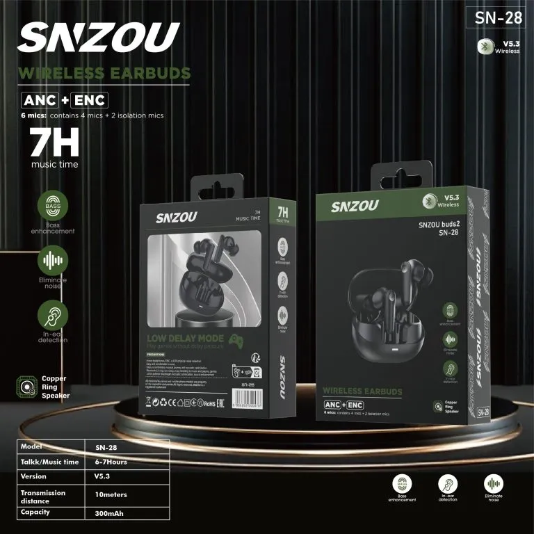 Snzou UltraPods ANC Wireless Earbuds (Bluetooth 5.3)