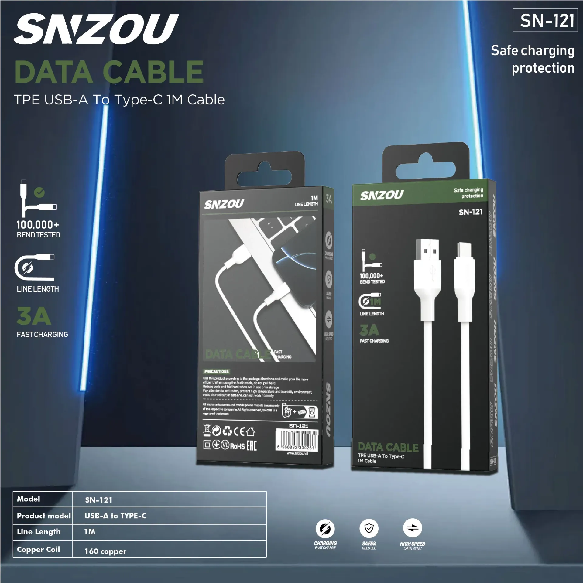 Snzou ProSync 3A USB-A to Type-C Cable