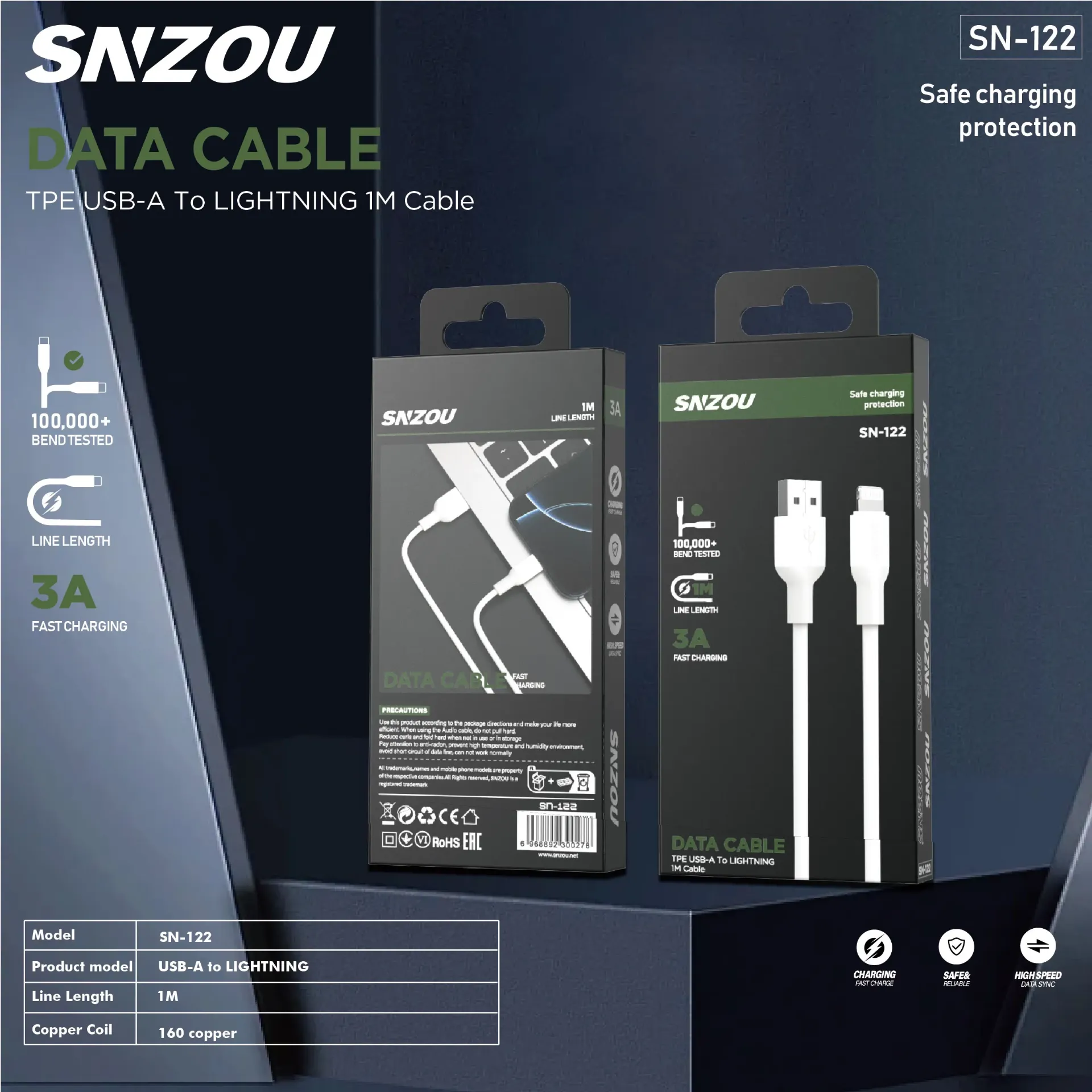 Snzou QuickCharge 3A USB-A to Lightning Cable