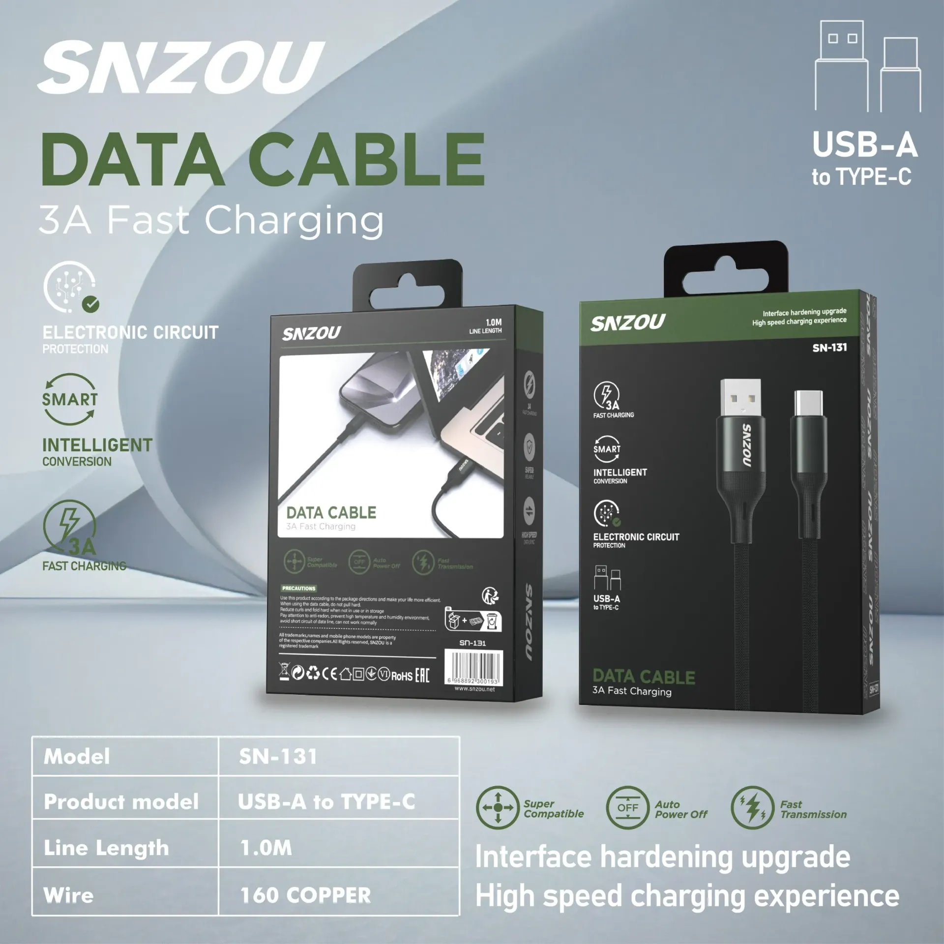 Snzou SmartCharge 3A USB-A to Type-C Cable