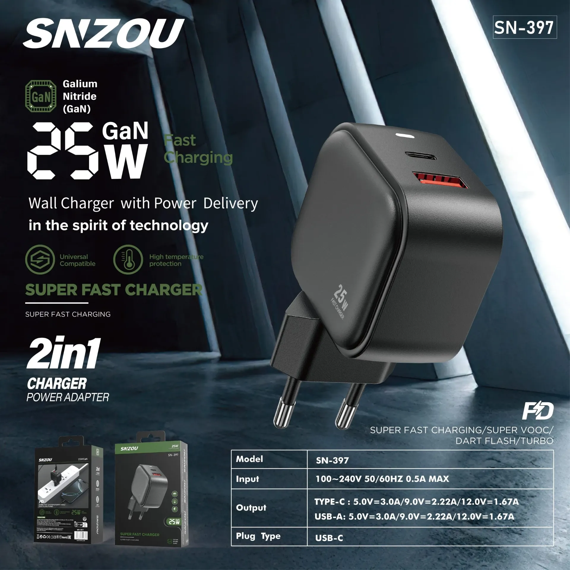 Snzou SwiftCharge 25W Dual Port USB-C & USB-A Charger