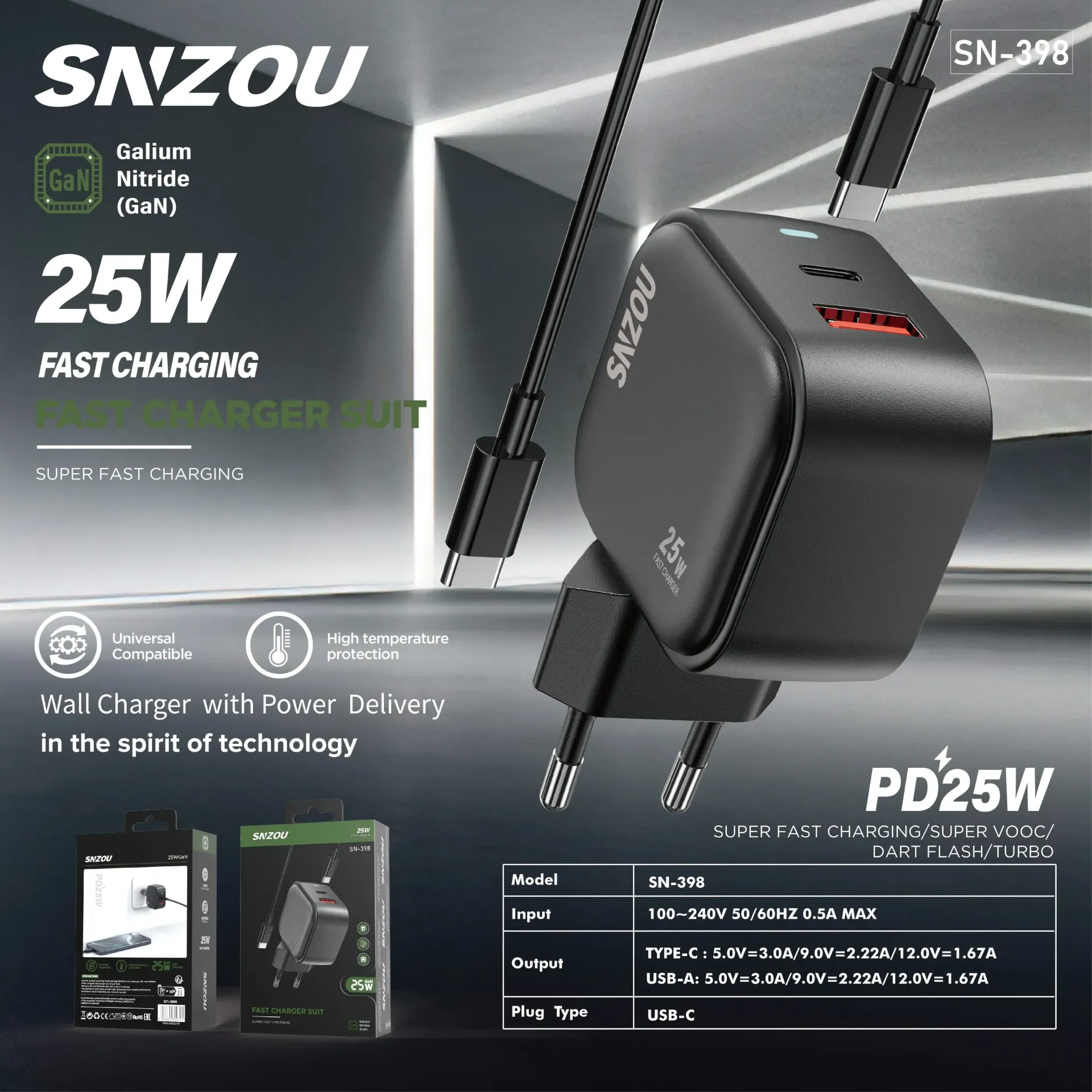Snzou QuickCharge 25W Charger with Cable
