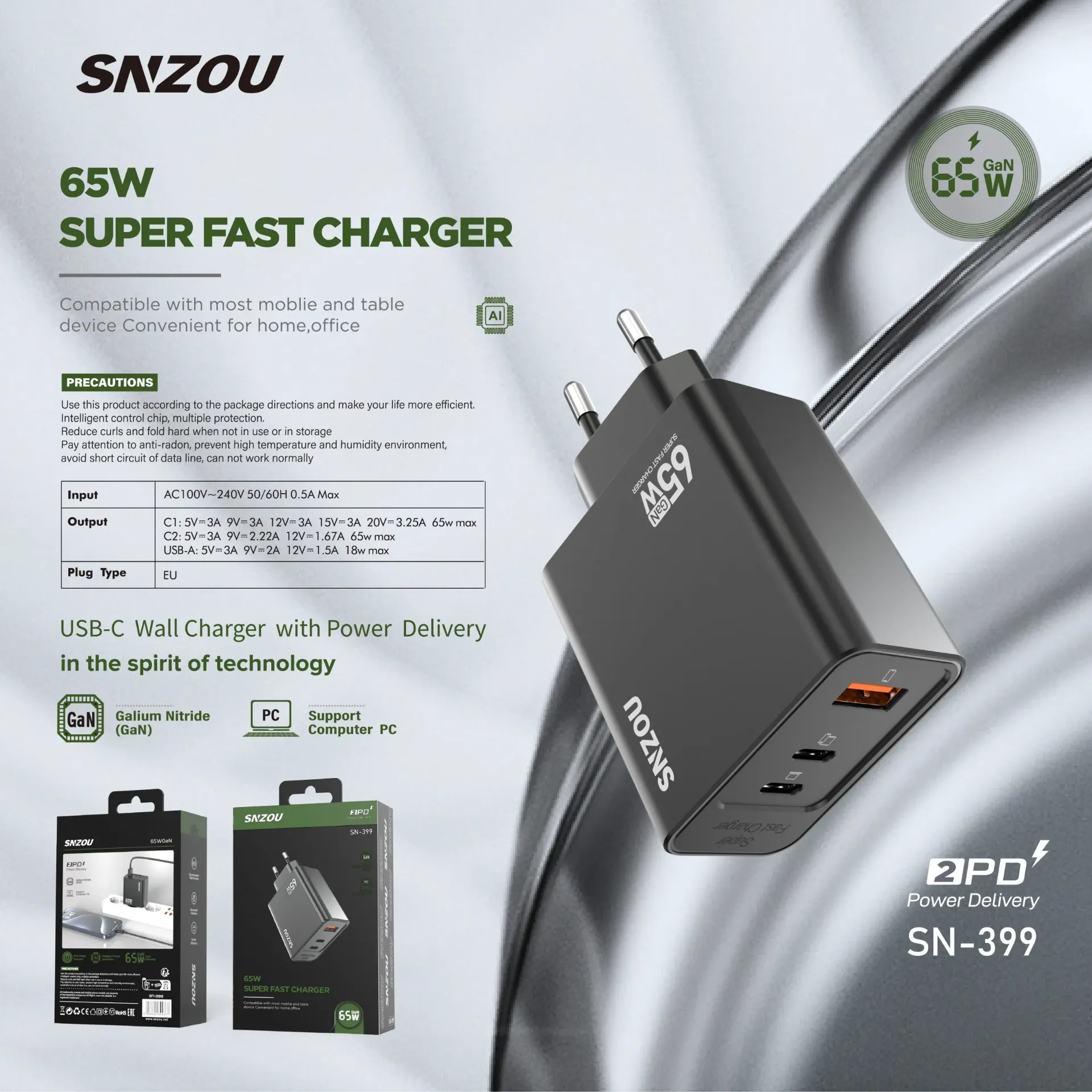Snzou TurboPower 65W GaN Charger (Dual USB-C)