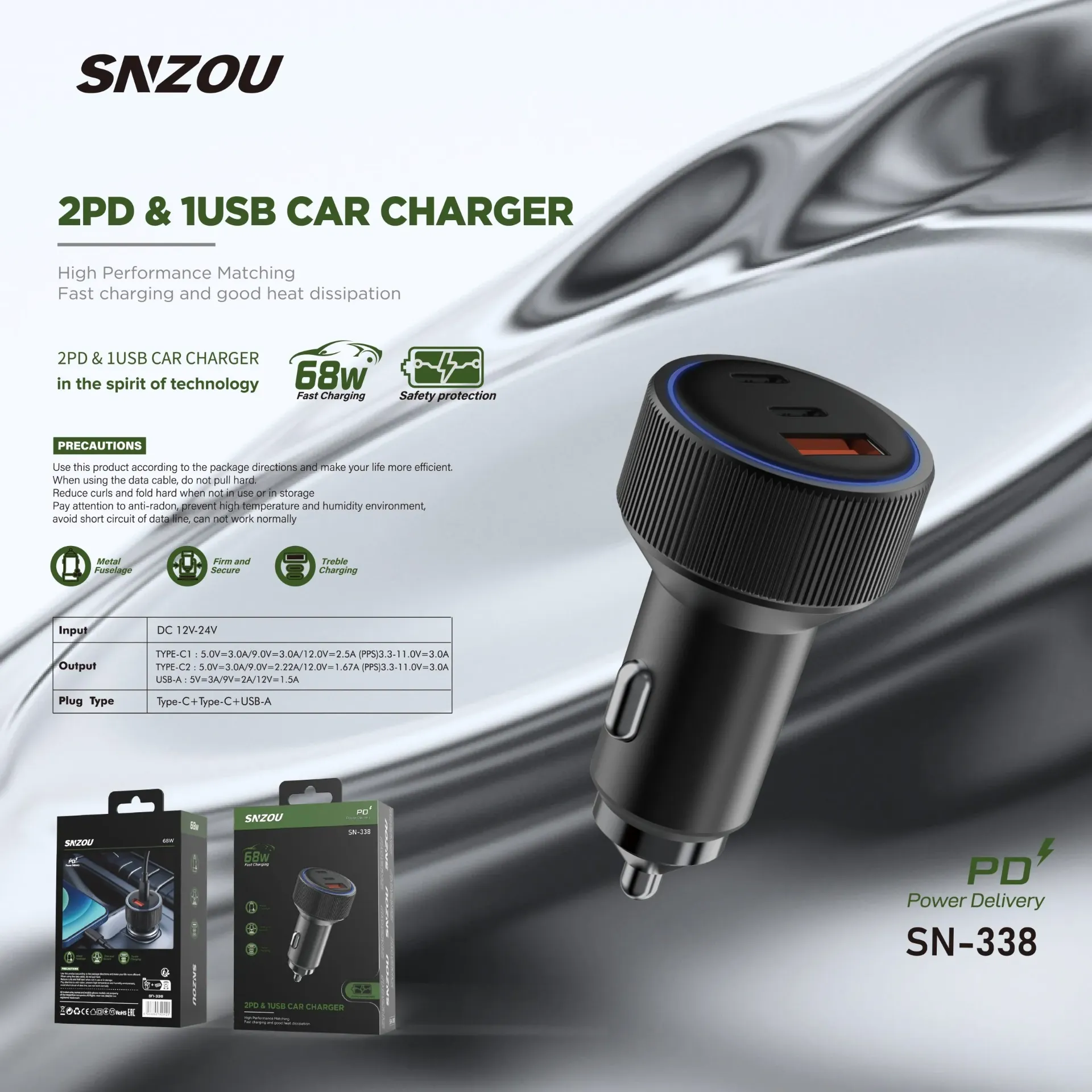 Snzou HyperCharge 68W 2PD & 1USB Car Charger